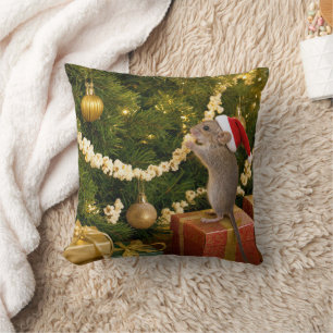 Coussin Souris de Noël mangeant du pop-corn sur l'arbre