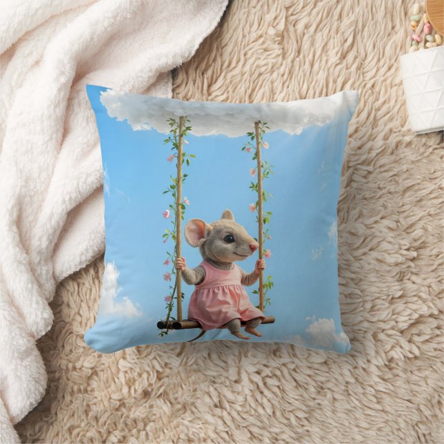 Coussin Souris Fille En Robe Rose Sur une Balancoire (Couverture)