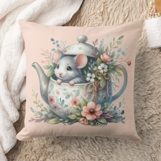 Coussin Souris mignonne dans une illustration de théière f (Couverture)