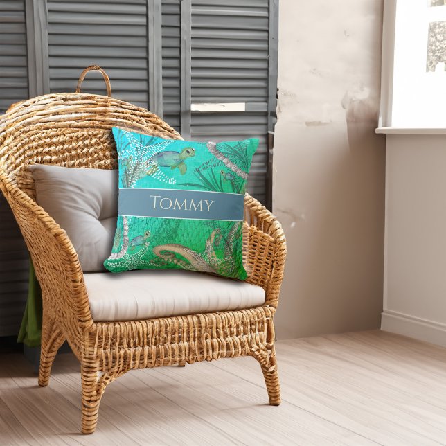 Coussin Sous la mer Tortue personnalisée (Under the Sea Personalized Turtle Throw Pillow)