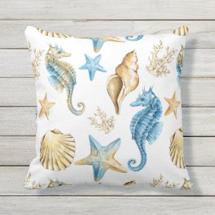Coussin Sous l'hippocampe de bleu et d'or de mer