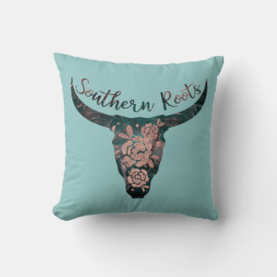 Coussin Southern Roots Country Longhorn Rose & Green