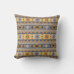 Coussin Southwest Design Gold Blue Grey Tribal Motif