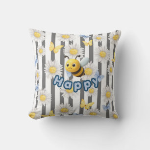 Coussin Soyez heureux avec des marguerites et des papillon
