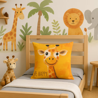 Coussin Soyez heureux Giraffe Jaune Orange Enfants Motivat