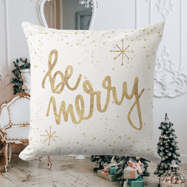Coussin Soyez Joyeux - Blanc et Or - Noël (Be Merry - White and Gold - Christmas Throw Pillow)