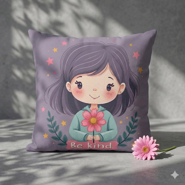 Coussin Soyez une fille mignonne avec l'art positif Fleur (Be Kind Cute Girl with Flower Positive Art Gray Throw Pillow Mockup B)