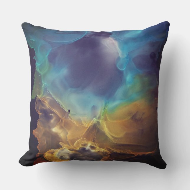 Coussin Space Nebula bleu jaune Alcool art (Recto)