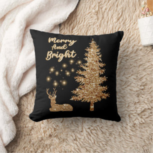 Coussin Sparkle Gold Reindeder et sapin de Noël