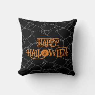 Coussin Spider Web Black & White Orange Happy Halloween he