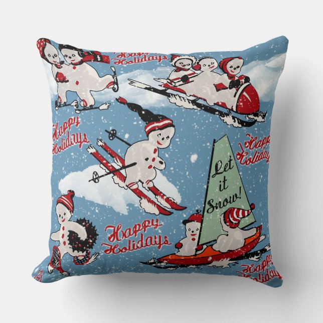 Coussin Sports d'hiver Retro Snowmen en bleu (Recto)