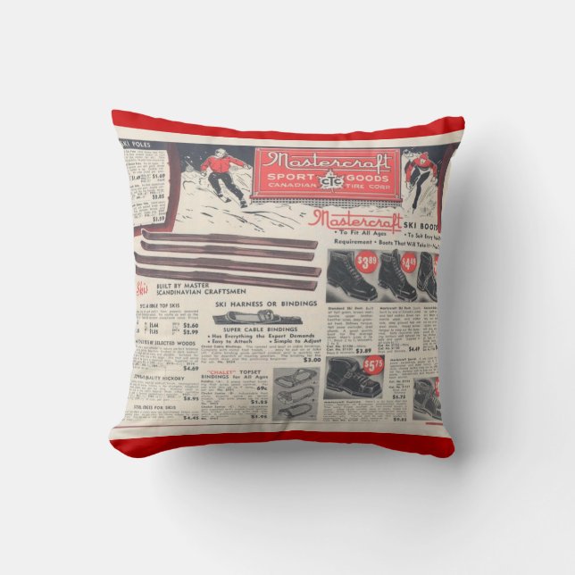 Coussin Sports d'hiver vintages, publicité de skiwear (Recto)