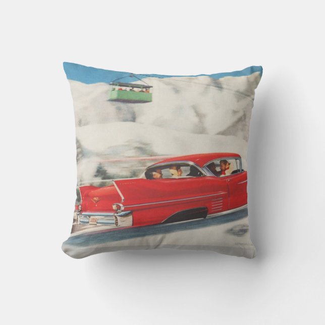 Coussin Sports d'hiver vintages, voitures et téléphériques (Recto)