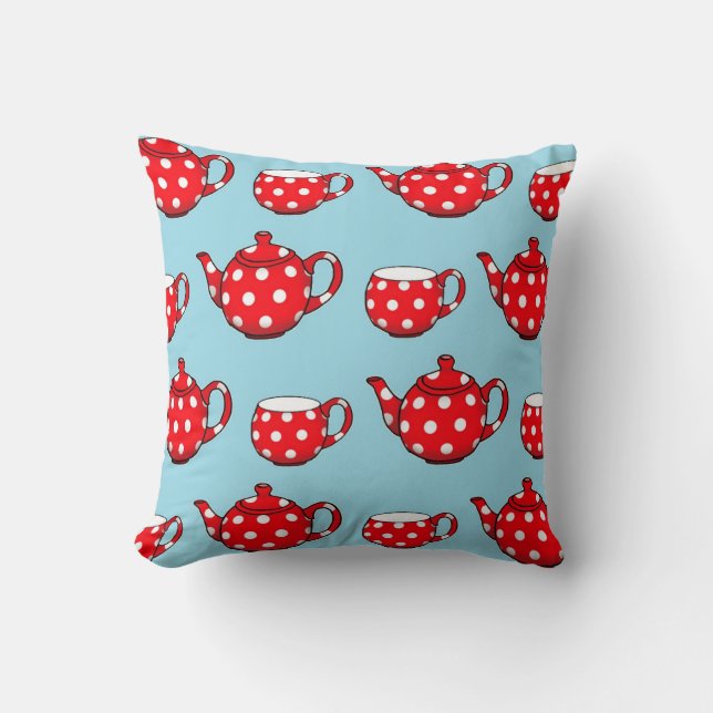 Coussin Spotty Red Teapot et tasses Motif bleu (Recto)