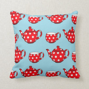 Coussin Spotty Red Teapot et tasses Motif bleu
