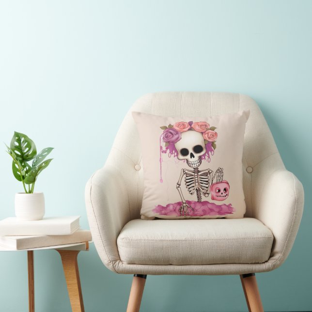 Coussin Squelette avec couronne de roses crème Halloween (Chaise)