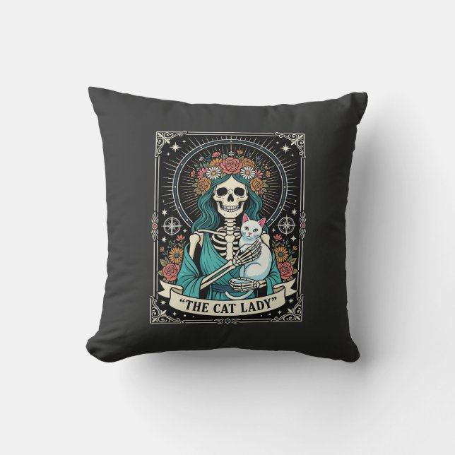 Coussin Squelette de Dame aux Chats Tarot Floral Gothique (Recto)