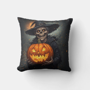 Coussin Squelette de sorcière avec citrouille lumineuse Ha