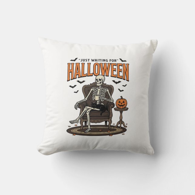Coussin Squelette d'Halloween attendant drôle vintage_1 (Recto)