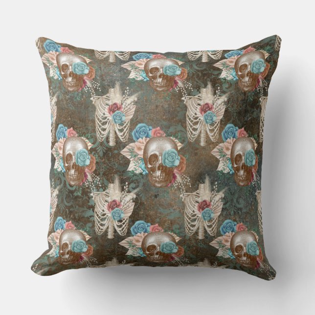 Coussin Squelette et crâne avec Roses (Recto)