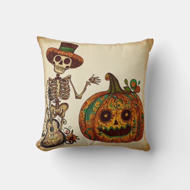 Coussin Squelette vintage/Jour Citrouille des morts (Recto)