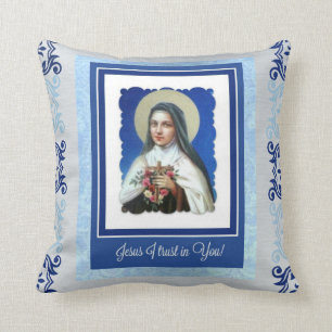 Coussin St bleu Therese la petite fleur avec la citation