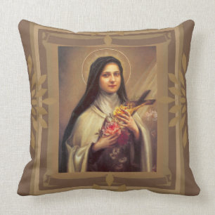 Coussin St Therese avec des roses, crucifix Jésus