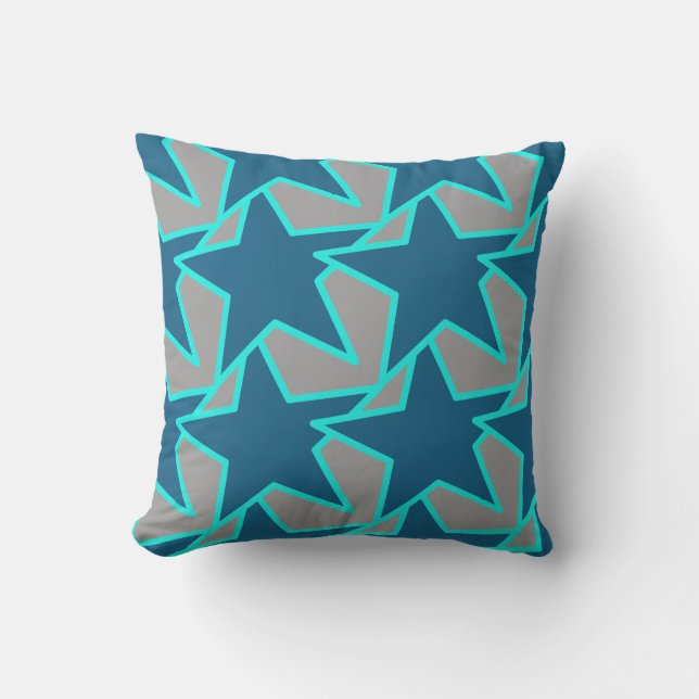 Coussin Star moderne géométrique -turquoise et gris (Recto)