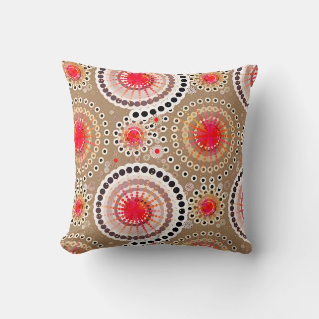 Coussin Starbursts et soleils, taupe, rouge, blanc (Recto)