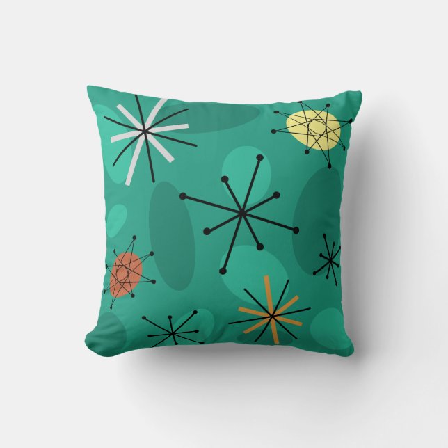 Coussin Starbursts Spoutnik du milieu du siècle Turquoise (Recto)