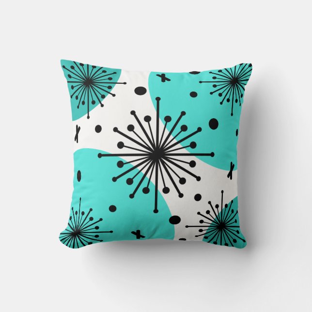 Coussin Starbursts Spoutnik du milieu du siècle Turquoise (Recto)