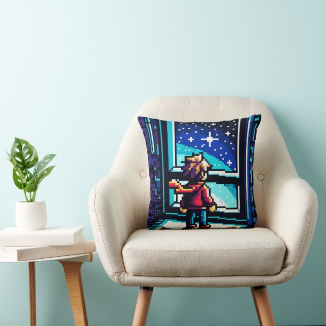 Coussin Stargazer à la fenêtre Dreamy Pixel Art Night Sky (Chaise)