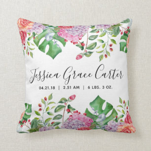 Coussin Stat de naissance de bébé, décor floral tropical