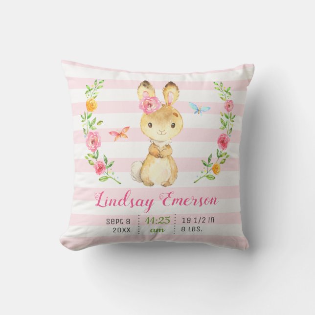 Coussin Statistiques de bébé fille au lapin rose pour la n (Recto)