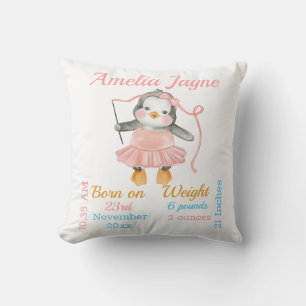 Coussin Statistiques de Bébé Fille Rose Ballerine Pingouin