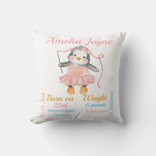 Coussin Statistiques de Bébé Fille Rose Ballerine Pingouin (Recto)