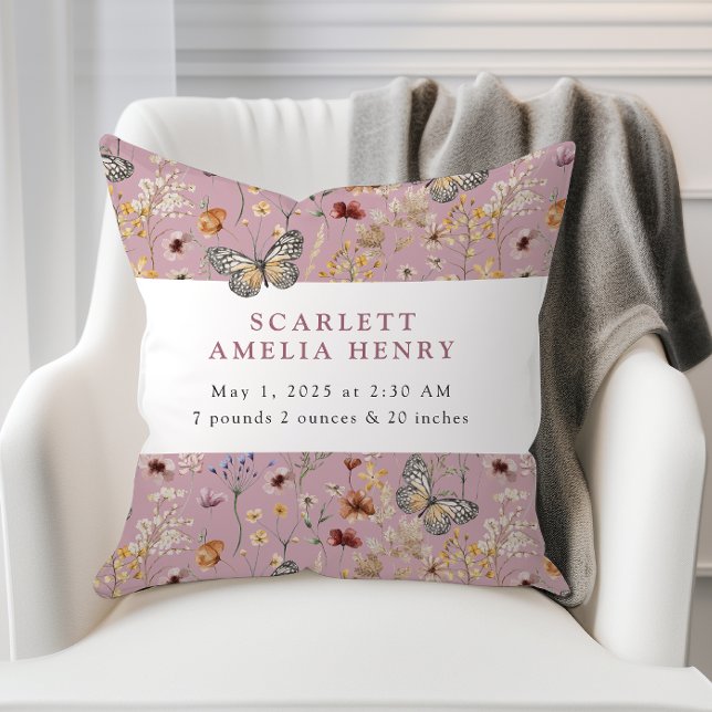 Coussin Statistiques de bébé Fleur sauvage Bohème rose (Dusty Pink Boho Wildflower Baby Stats Throw Pillow with Butterflies by Painted Paperie
)