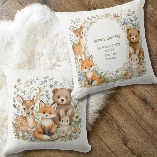 Coussin Statistiques de naissance Animaux de la forêt Nouv (Woodland animals Personalized Birth Stats Baby Nursery Throw Pillow. Gender Neutral. Gift for Baby)