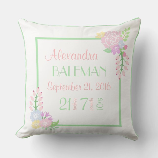 Coussin Statistiques de naissance Baby Girl Floral Throw O (Recto)