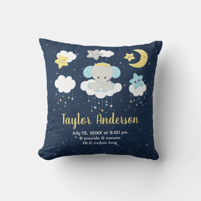 Coussin Statistiques de naissance Bébé Éléphant Jaune et N (Recto)