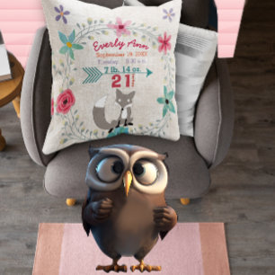 Coussin Statistiques de naissance Bébé Fille Woodland Créa