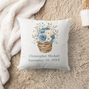 Coussin Statistiques de naissance Bleu Beige Fleurs Ours N