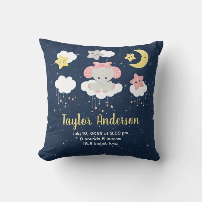 Coussin Statistiques de naissance de bébé éléphant rose et (Recto)
