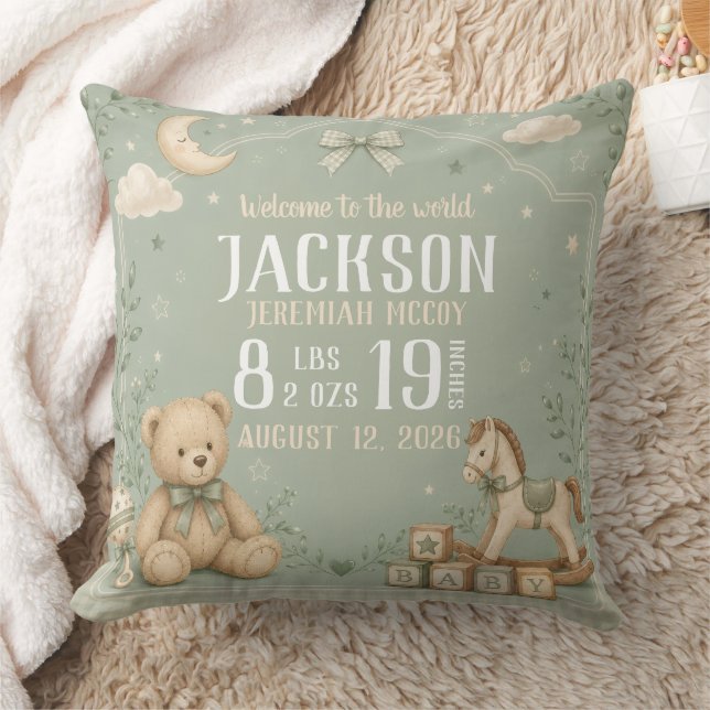 Coussin Statistiques de naissance de bébé en vert sauge av (Couverture)