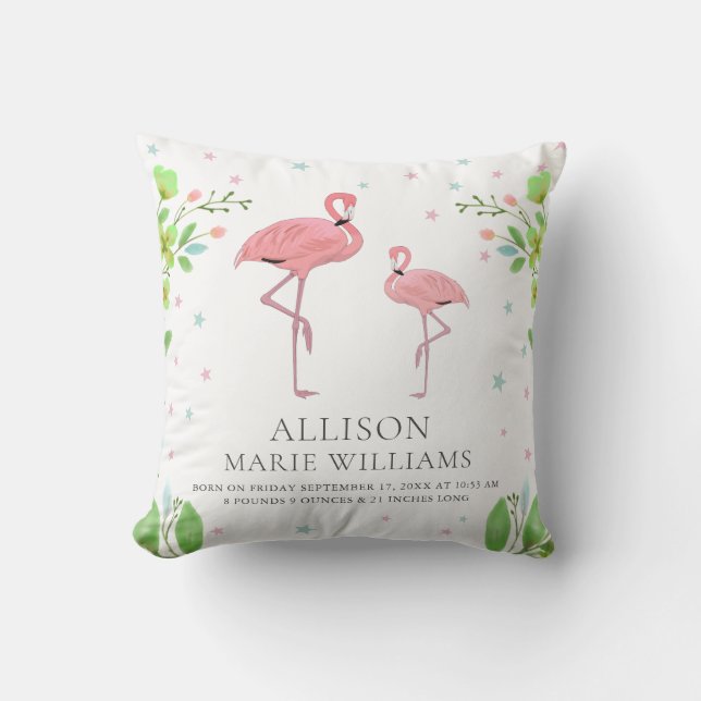 Coussin Statistiques de naissance de bébé fille au flamant (Recto)