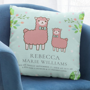 Coussin Statistiques de naissance de bébé fille au rose mi