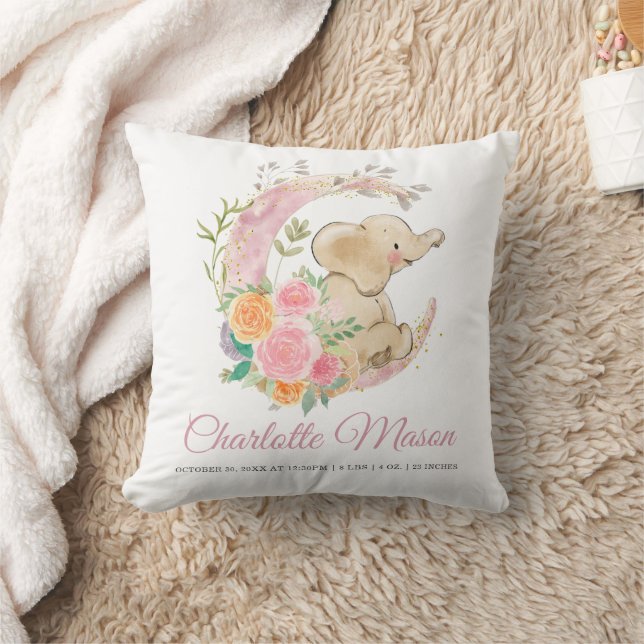 Coussin Statistiques de naissance de bébé fille éléphant l (Couverture)