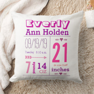 Coussin Statistiques de naissance de bébé fille Rose et Vi