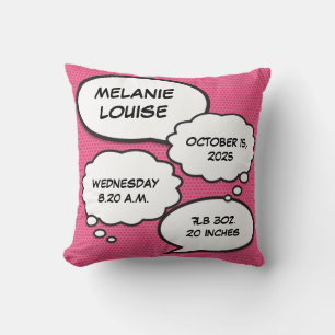 Coussin Statistiques de naissance de bébé fille rose livre