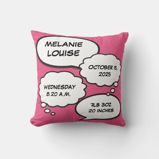 Coussin Statistiques de naissance de bébé fille rose livre (Recto)